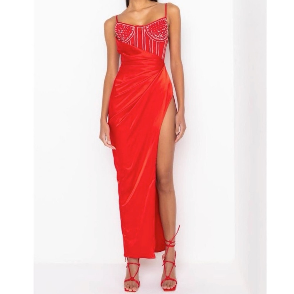 STEPPING IN MAXI SATIN DRESS WITH RHINESTONE CORSET
